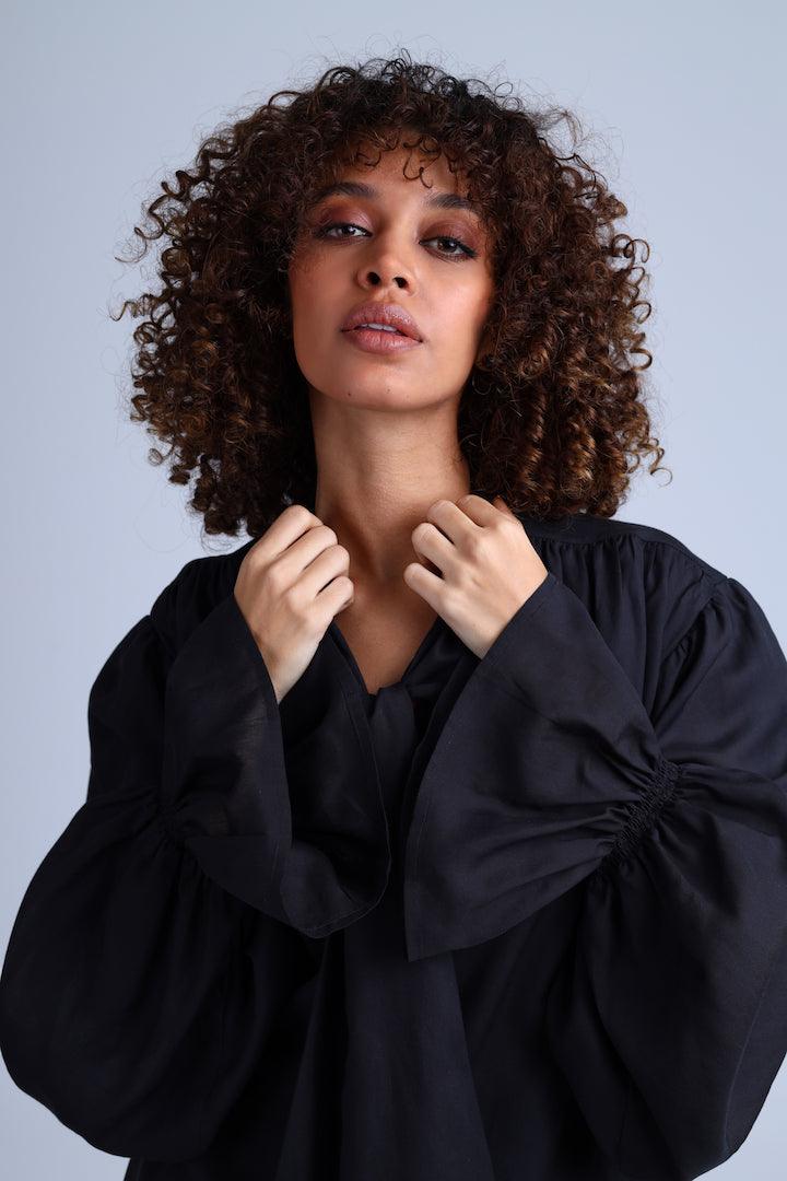 Protagonista Tencel Bow-Tie Black Blouse With Voluminous Airy Sleeves