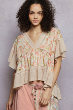 POL Floral Print V-Neck Woven Blouse with Gentle Gathers