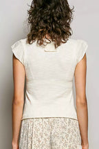 POL V-Neck Lightweight Textured Short Sleeve Knit Top with Lace Trim