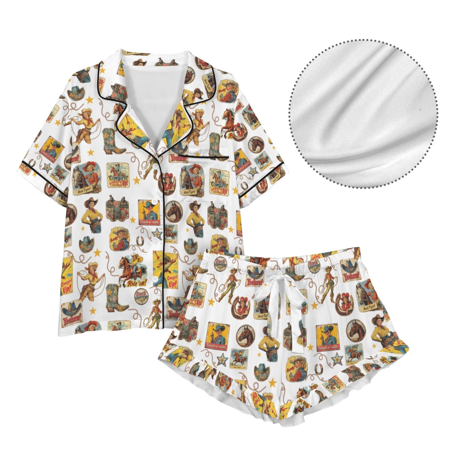 Baha Ranch Vintage Cowgirl Collage Western Satin Ruffle Pajama Set Baha Ranch Western Wear