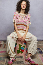 Weave Pattern Short Sleeve Crochet Top with Border Accents