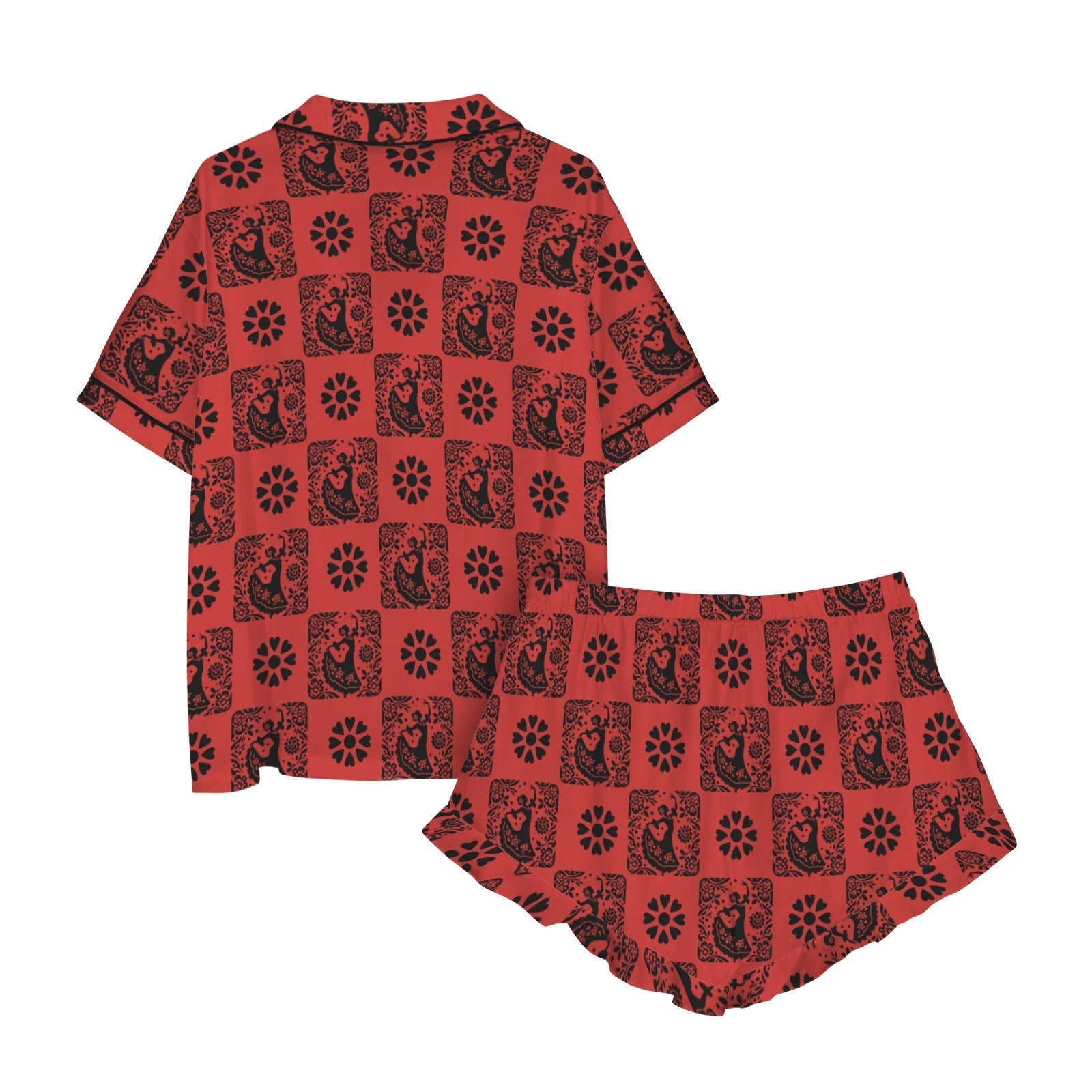 Baha Ranch Colores de Mexico Red Flamenco Mexican Tile Talavera Floral Satin Pajamas Baha Ranch Western Wear