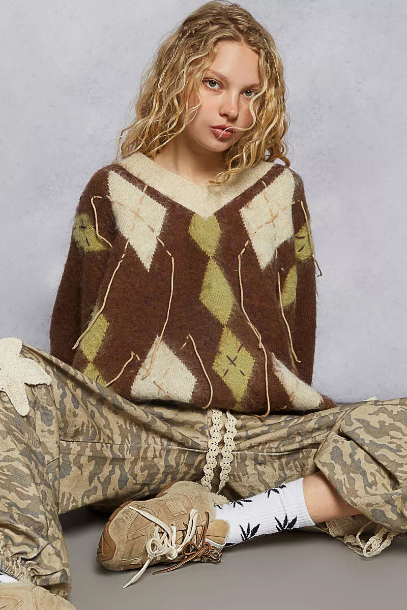 POL V-Neck Argyle Pattern Mohair Sweater with Contrast Exposed Stitch Detail