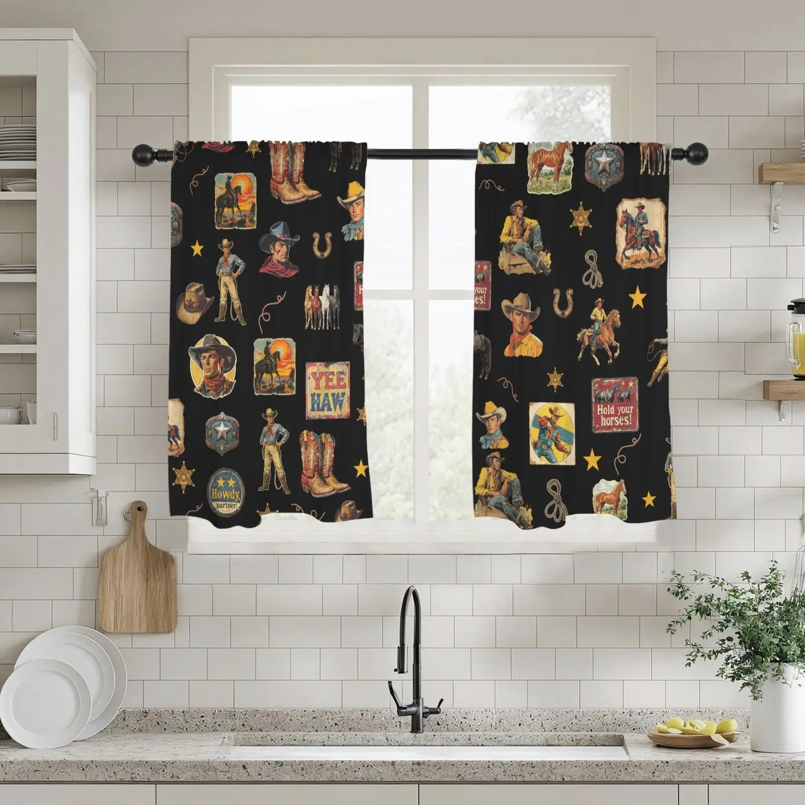 Vintage Cowboy Collage Western Curtains 28" x 40" Made in America Baha Ranch Western Wear