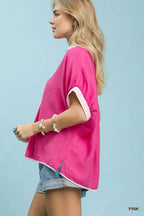 Umgee Oversized Contrast Stripe Trim Top