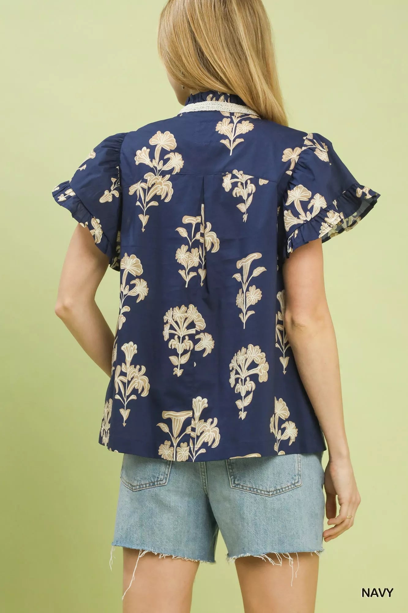 Umgee Floral Ruffle Sleeve Split-Neck Top