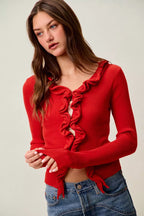 SO ME Cascade Ruffle Ribbed Sweater Cardgian