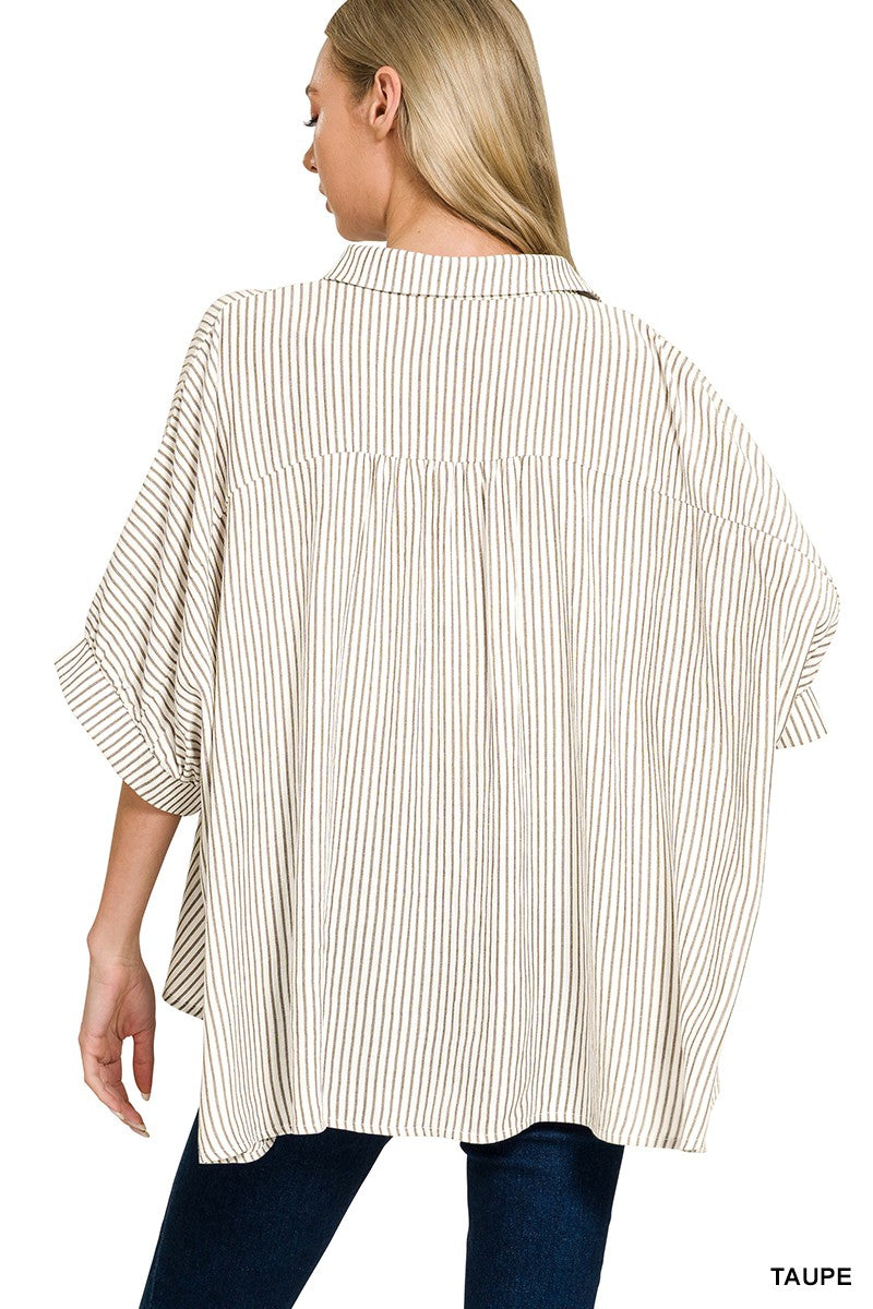 Zenana Full Size Woven Stripe Button Down Boxy Shirt Plus Size
