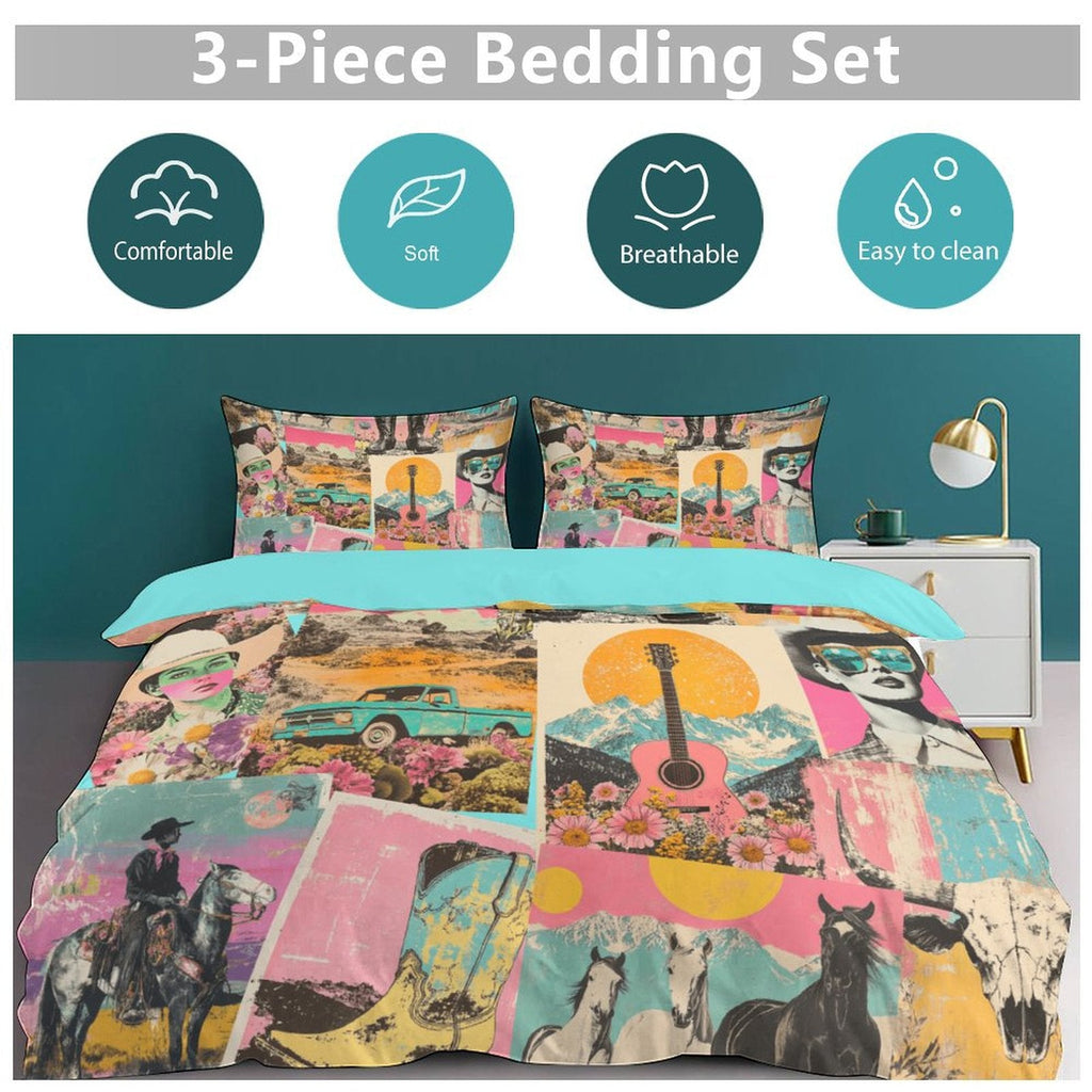 Baha Ranch Retro Pop Western 3-Piece Bedding Set (1 Duvet Cover + 2 Pillow Shams) – 102"×90" Baha Ranch Western Wear