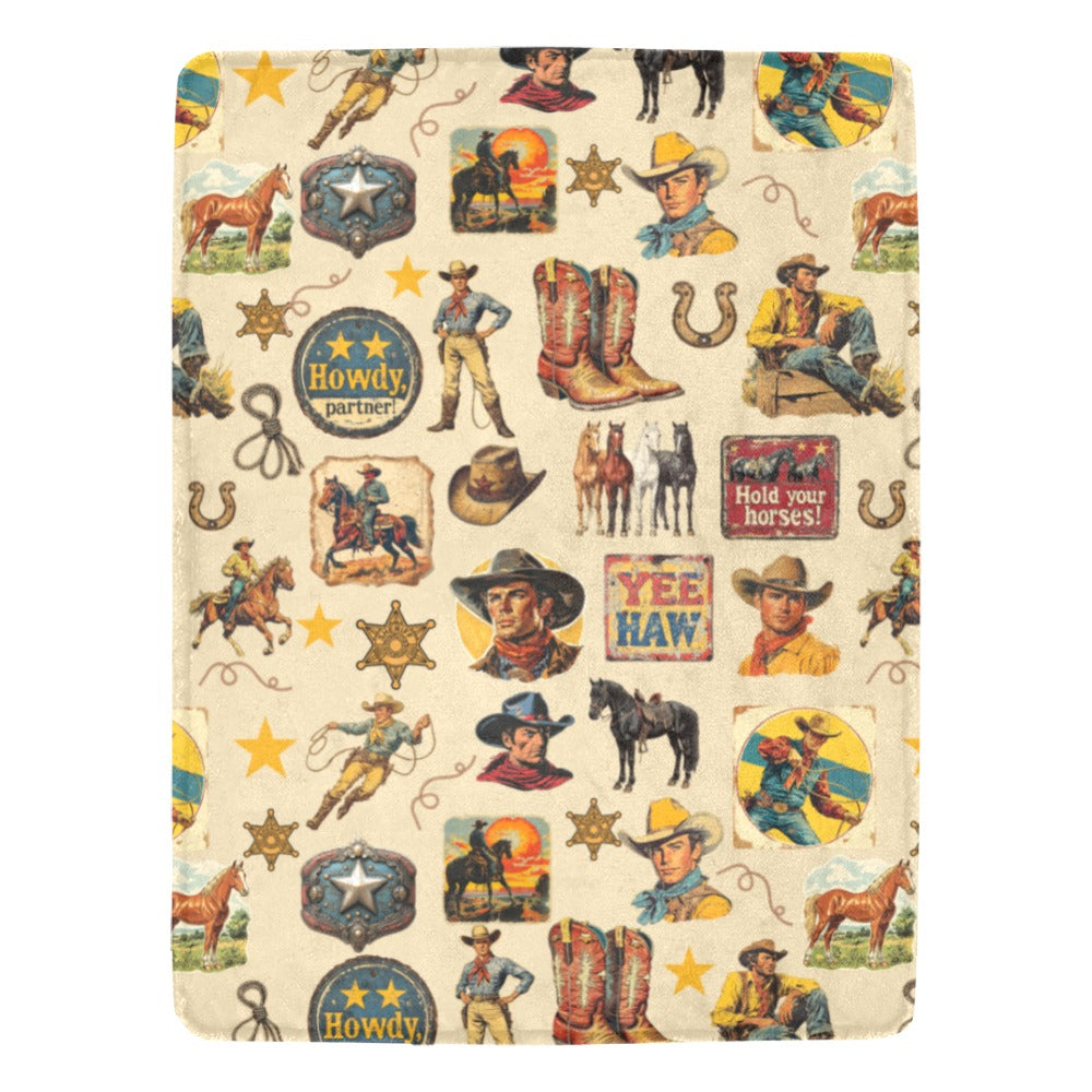 Baha Ranch Vintage Cowboy Collage Ultra-Soft Micro Fleece Blanket 60" x 80" Made in America Baha Ranch Western Wear