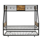 Modern Twin Over Full Metal Bunk Bed with Trundle and Dual Side Ladder, Black & Brown MDF and Metal Design, Easy Assembly