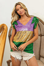 BiBi Mardi Gras Sequin Color Block Ruffled  Top