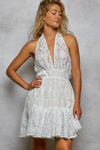 POL Halter Lace Patch Ruffle Mini Dress with Adjustable Tie on Back