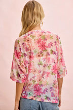 BiBi Floral Print Short Sleeves Boxy Mesh Top