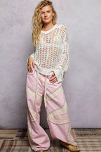 POL Openwork Round Neck High Low Knit Top