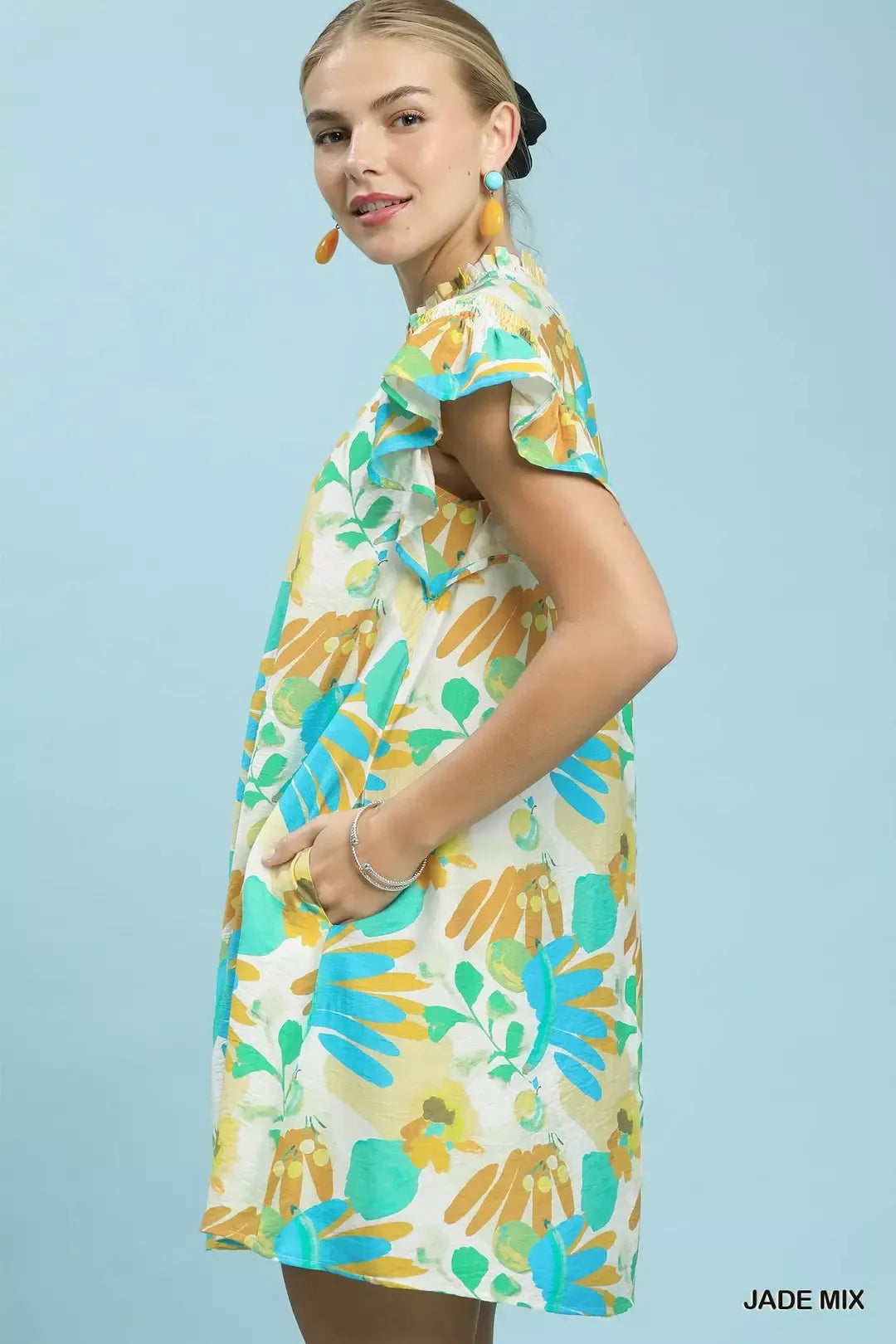 Umgee Ruffled Botanical Print Mini Dress