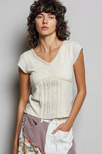 POL V-Neck Lightweight Textured Short Sleeve Knit Top with Lace Trim