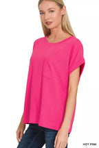 Zenana Cuffed Front Pocket Short Sleeve Tee