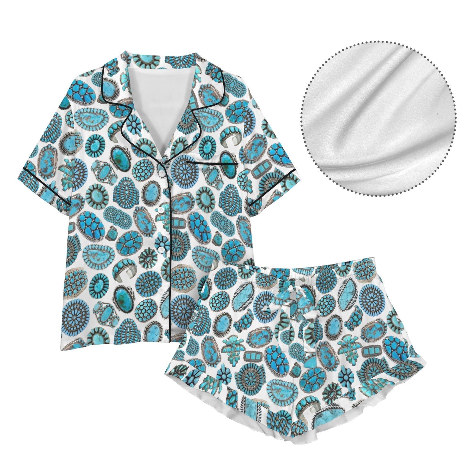 Baha Ranch Turquoise Crazy Satin Ruffle Western Pajama Set Baha Ranch Western Wear