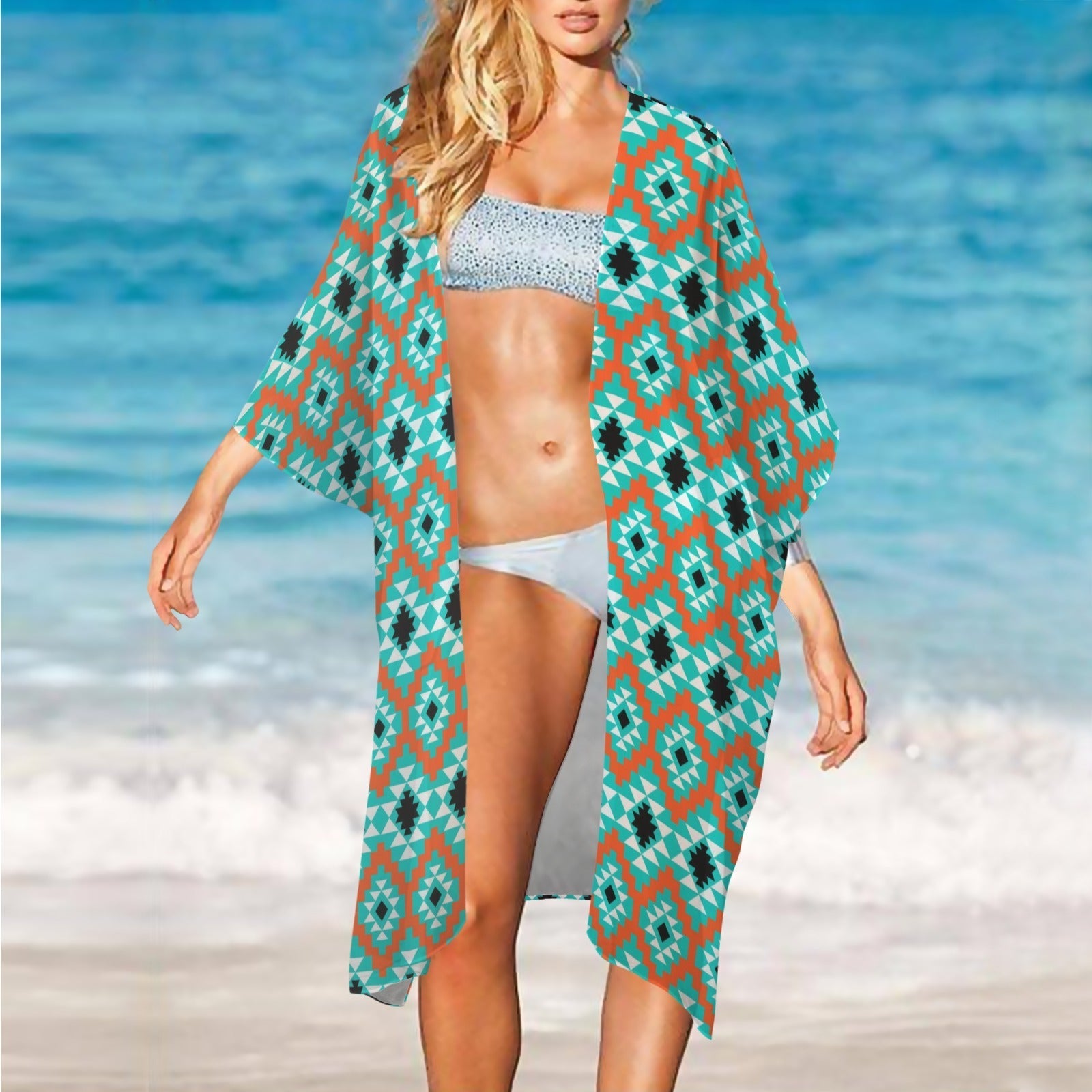 Baha Ranch Turquoise Aztec Duster Kimono Coverup Baha Ranch Western Wear