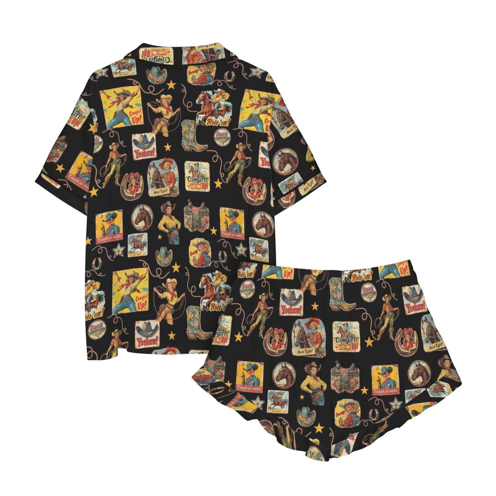 Baha Ranch Vintage Cowgirl Collage Western Ruffle Satin Pajama Set Baha Ranch Western Wear