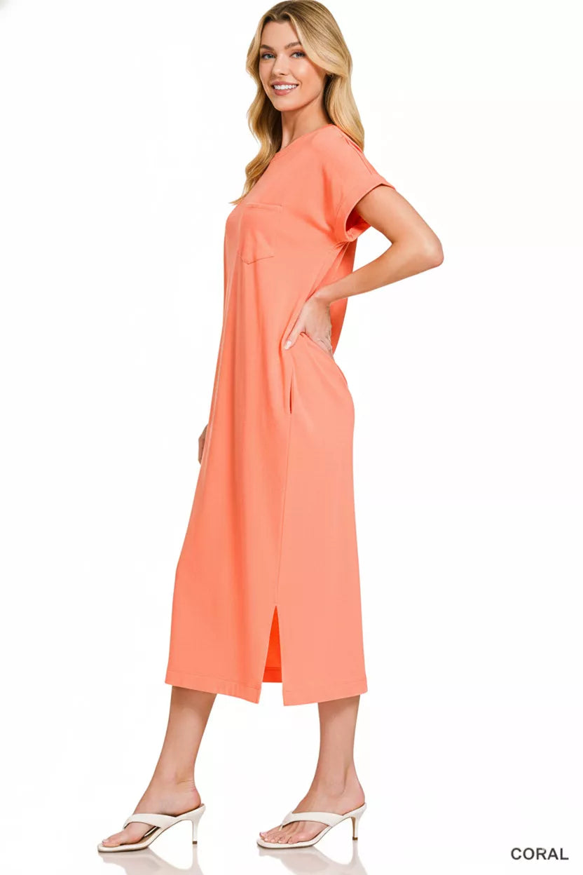 Zenana Round Neck Short Sleeve Midi Dress