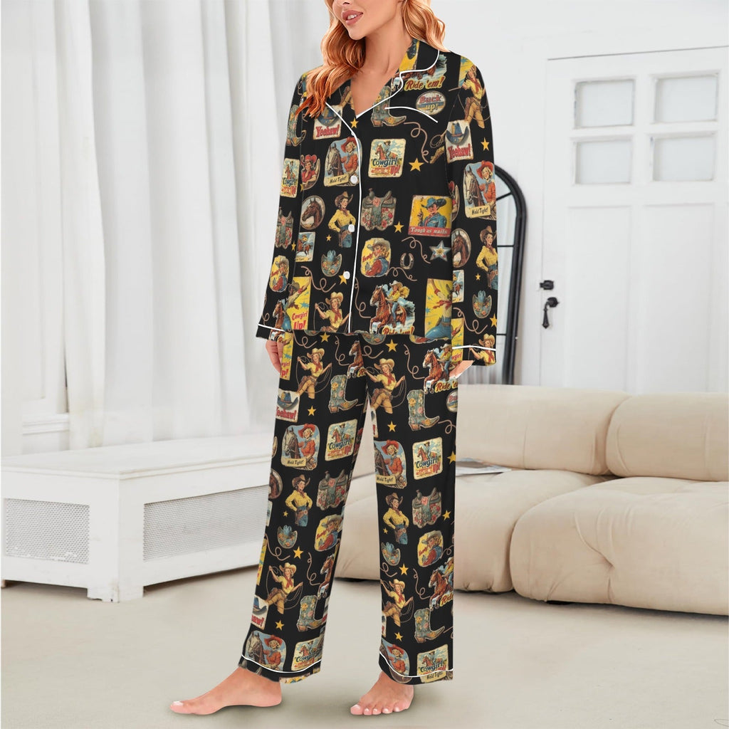Baha Ranch Vintage Cowgirl Collage Western Satin Pajamas Baha Ranch Western Wear