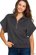 Zenana Full Size Scuba High Neck Half Zip Short Sleeve Top Plus Size