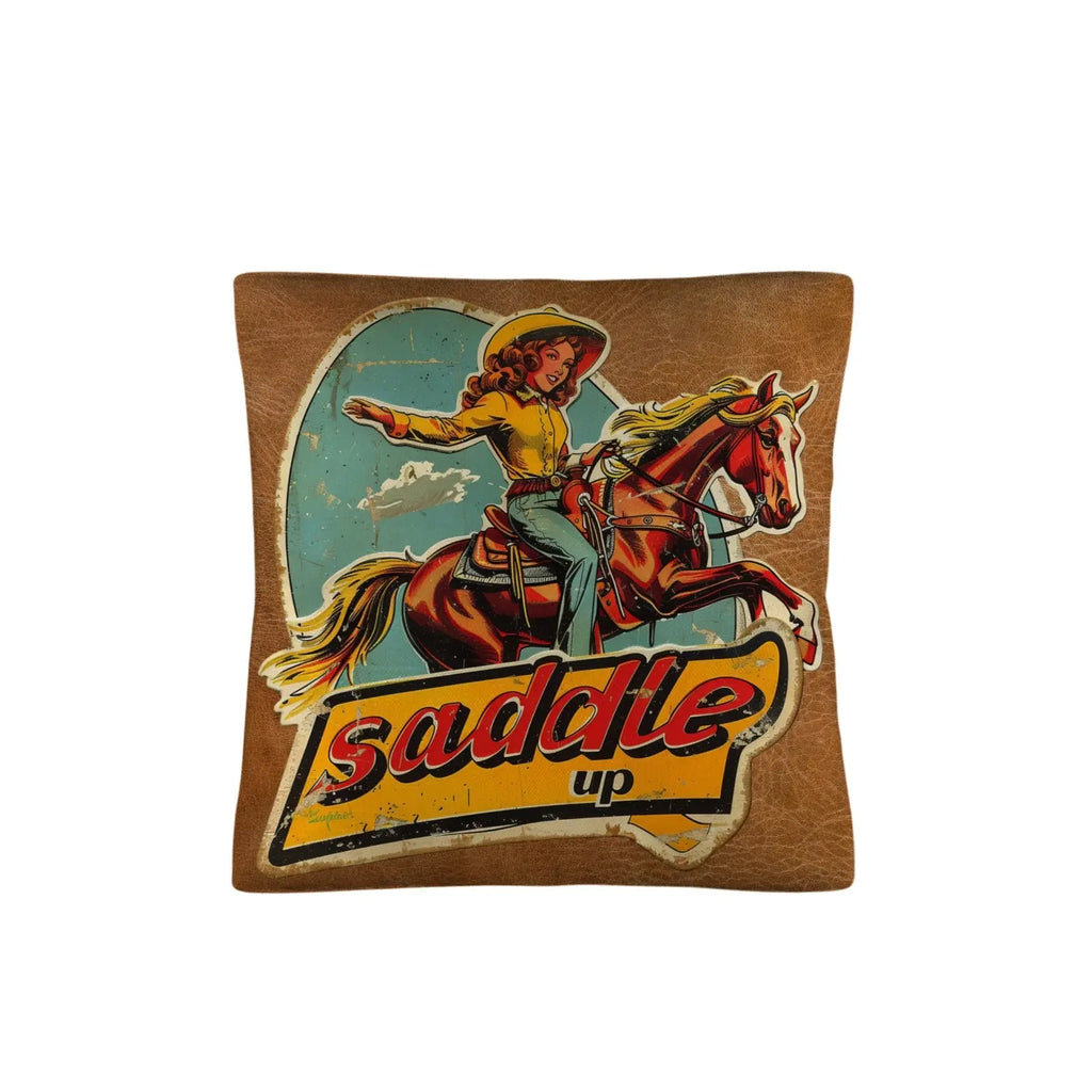 Saddle Up Vintage Cowgirl Throw Pillow Case 18x18inch Made in America Baha Ranch Western Wear