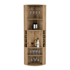 Corner Bar Cabinet 71'H with Five Shelves, Eight Bottle Cubbies and Stemware,Macadamia