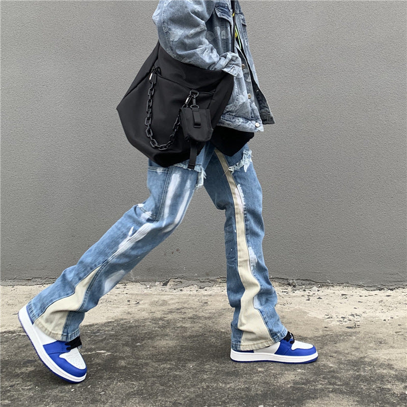 Washed Splash-ink Stitching Jeans Men's Personalized Straight Pants