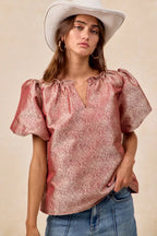 BiBi Jacquard Woven Short Balloon Sleeves V Neck Top