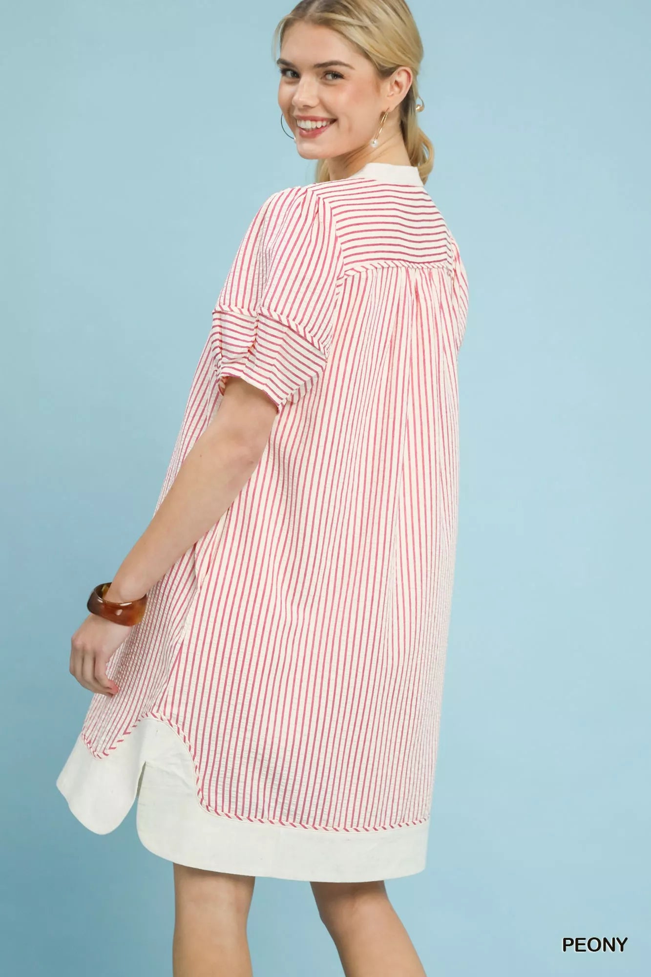 Umgee Pinstripe Shift Dress with Contrast Trim