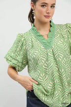 Umgee Printed Puff Sleeve Ruffle Neck Top