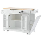 K&K Fluted Kitchen Island with Trash Can Storage Cabinet, Power Outlet, Internal Storage Rack, Rolling Kitchen Islands on 5 Wheels with 3 Drawer, 3 Open Side Racks for 10 Gallon Garbage Bin, White