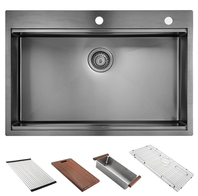 30' x 22' Black Drop In Kitchen Sink, 16 Gauge Stainless Steel Workstation Sink