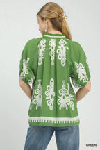 Umgee Boho Print Split-Neck Short Sleeve Top