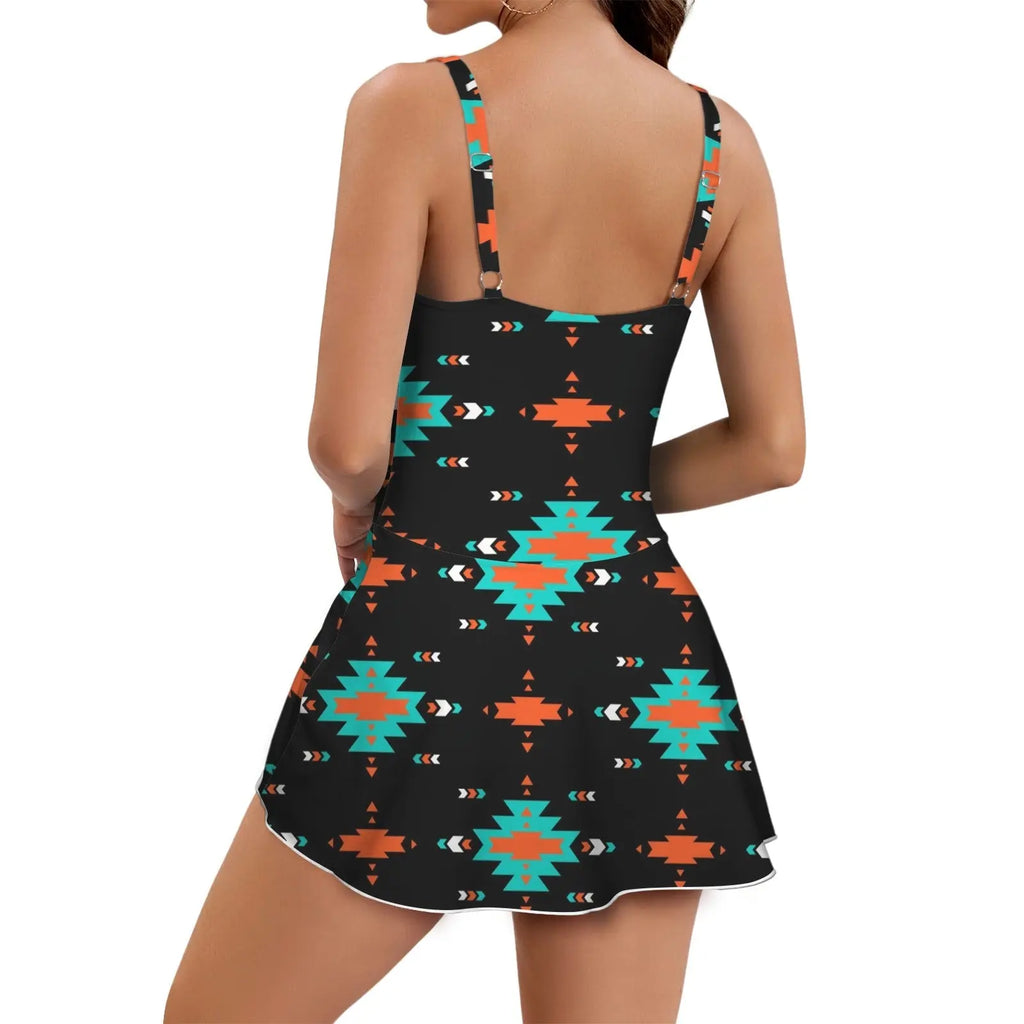 Baha Ranch Turquoise Orange Aztec Skirted Swimsuit Baha Ranch Western Wear