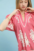 Umgee Boho Print Split-Neck Short Sleeve Top
