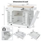 K&K Fluted Kitchen Island with Trash Can Storage Cabinet, Power Outlet, Internal Storage Rack, Rolling Kitchen Islands on 5 Wheels with 3 Drawer, 3 Open Side Racks for 10 Gallon Garbage Bin, White