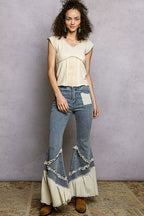 POL V-Neck Lightweight Textured Short Sleeve Knit Top with Lace Trim