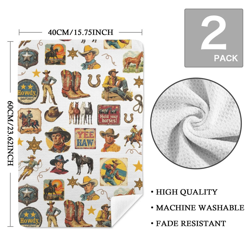 Vintage Cowboy Collage Dish Towel Set of 2 Made in America Baha Ranch Western Wear