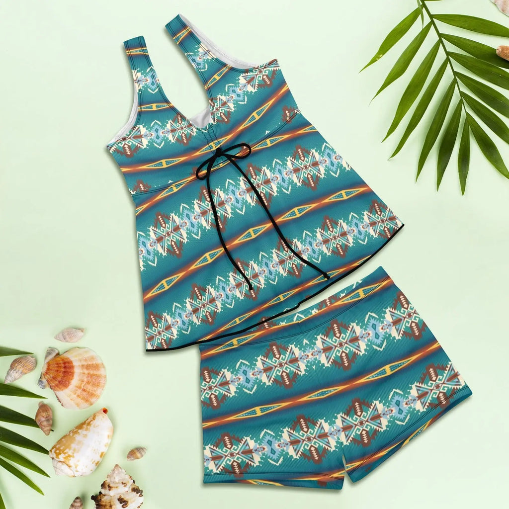 Baha Ranch Teal Aztec Tankini & Boy Shorts Swim Set Baha Ranch Western Wear