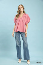 Umgee Lace Inset Puff Sleeve Boho Blouse