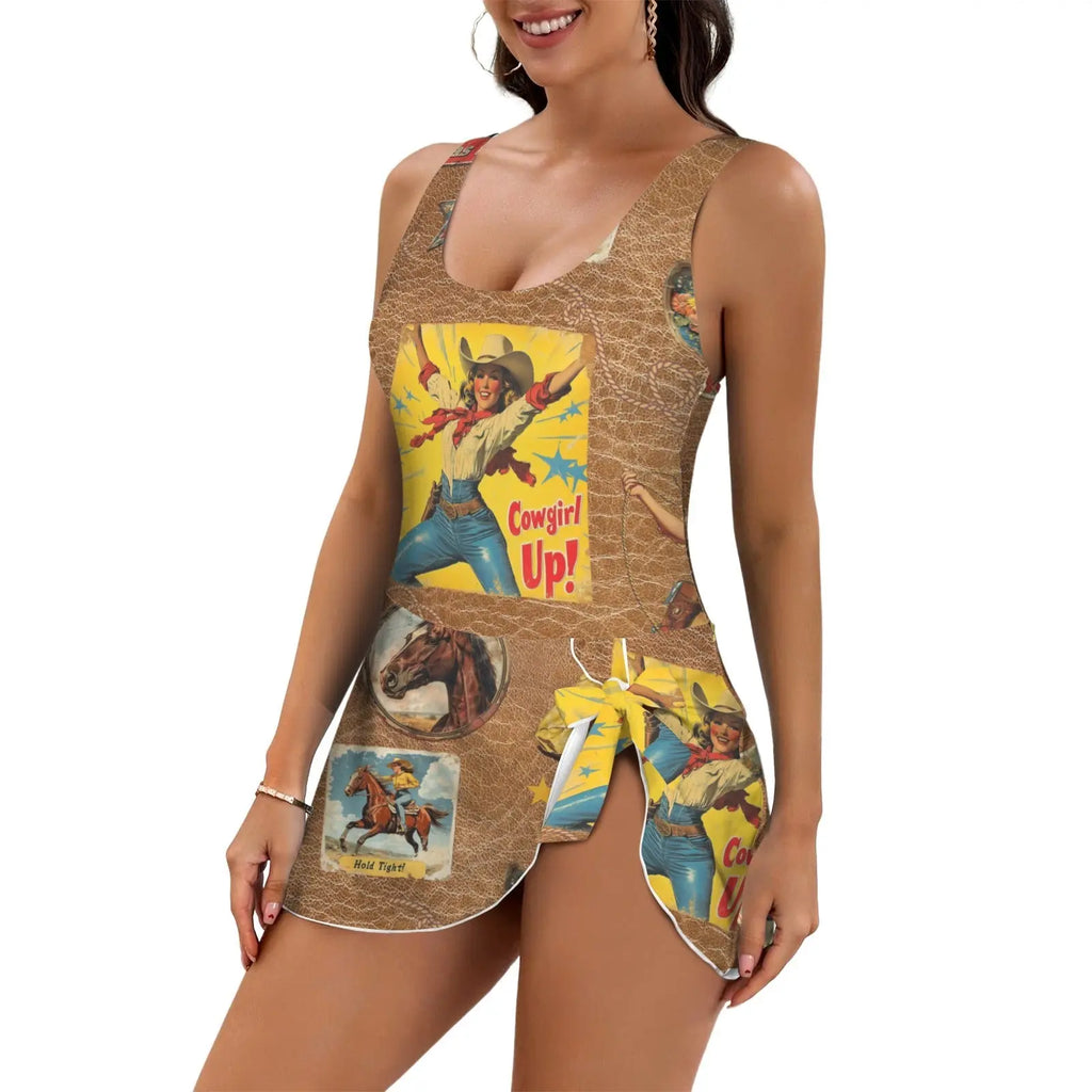 Baha Ranch Vintage Cowgirl Collage Skirted Swim Suit Baha Ranch Western Wear