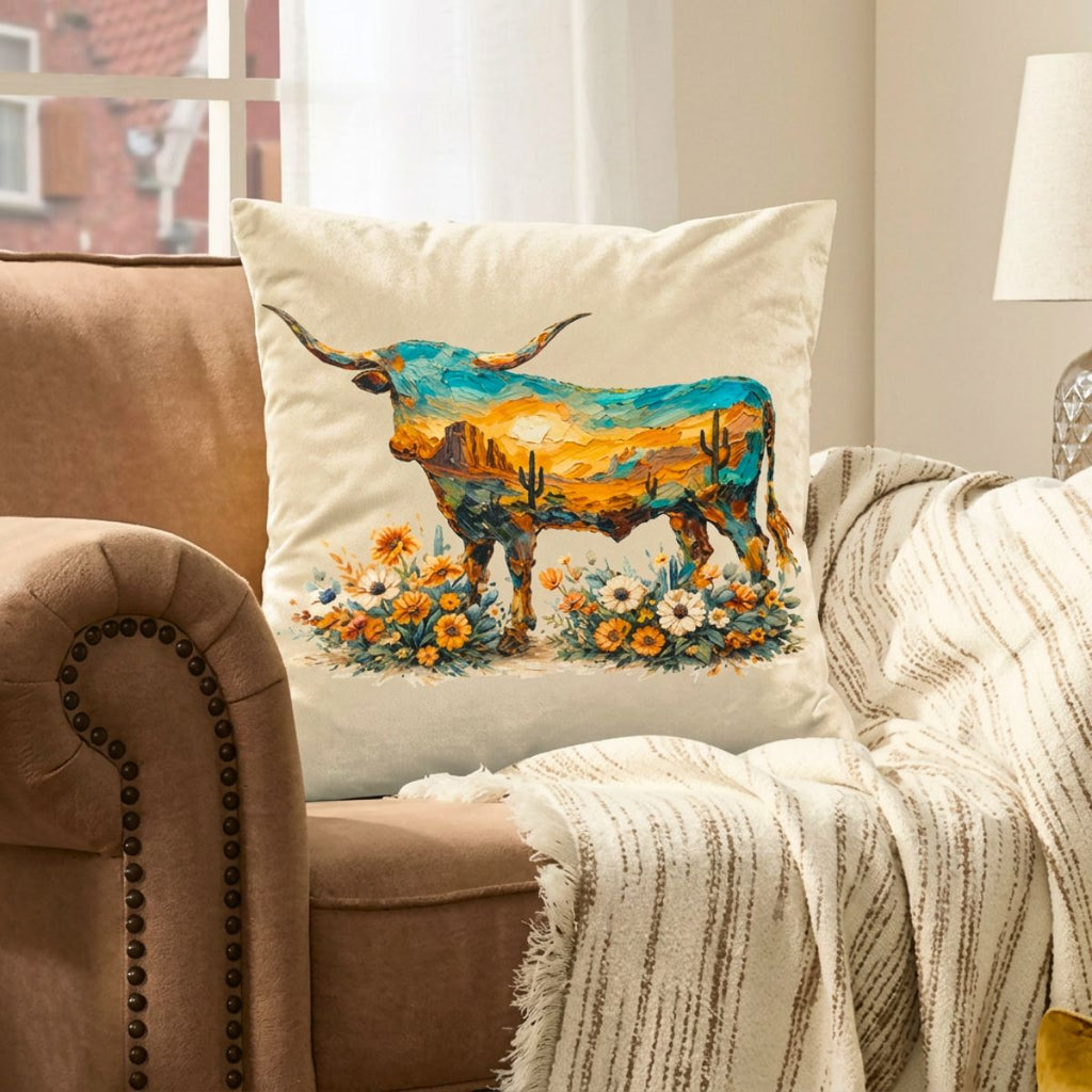 Baha Ranch Velvety Soft Painted Longhorn Pillow Cover Made in America Baha Ranch Western Wear