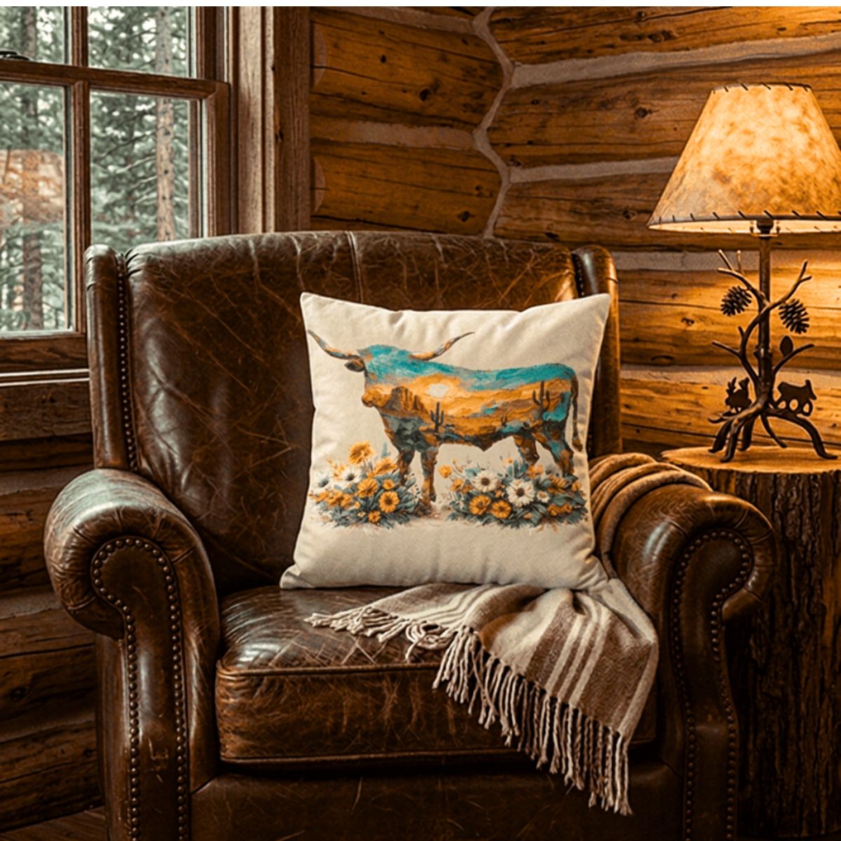 Baha Ranch Velvety Soft Painted Longhorn Pillow Cover Made in America Baha Ranch Western Wear