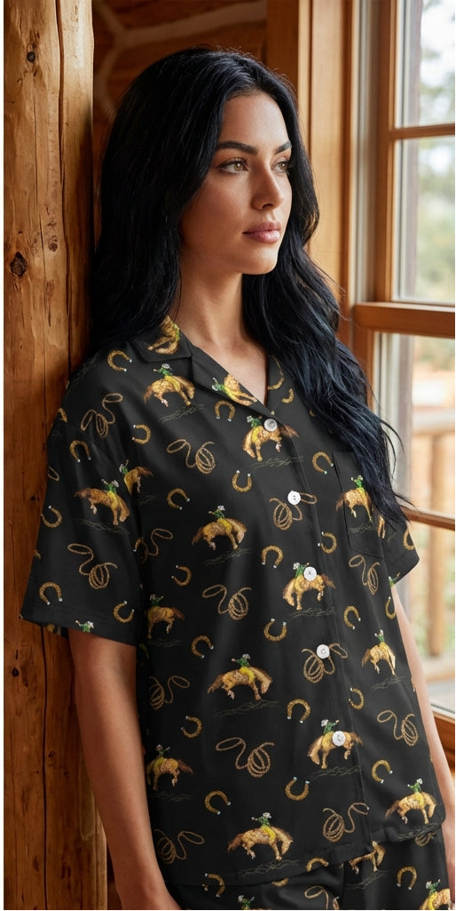 Baha Ranch Rodeo Cowboy Women's Western Short Pajama Set Made in America Baha Ranch Western Wear