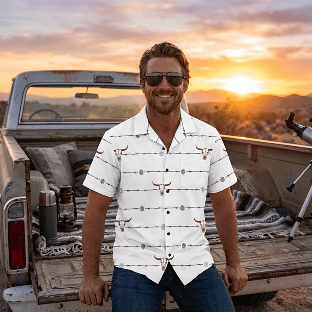 Baha Ranch White Bullhead Aztec Hawaiian Shirt Made in America Baha Ranch Western Wear