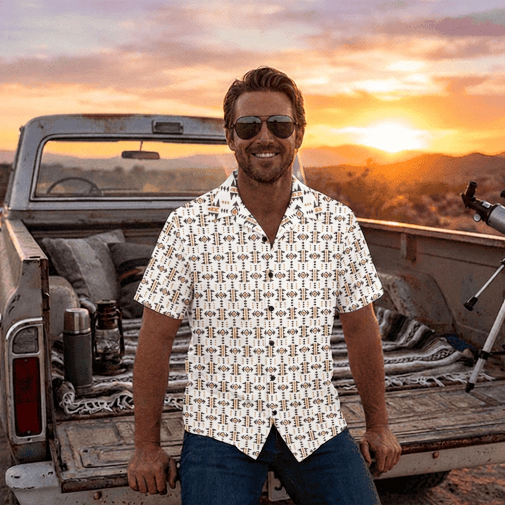 Baha Ranch White Aztec Hawaiian Shirt Made in America Baha Ranch Western Wear